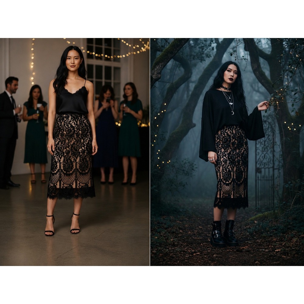 Lace Midi Skirt Womens 3XL Black Floral Whimsigoth Wedding Guest Romantic Boho